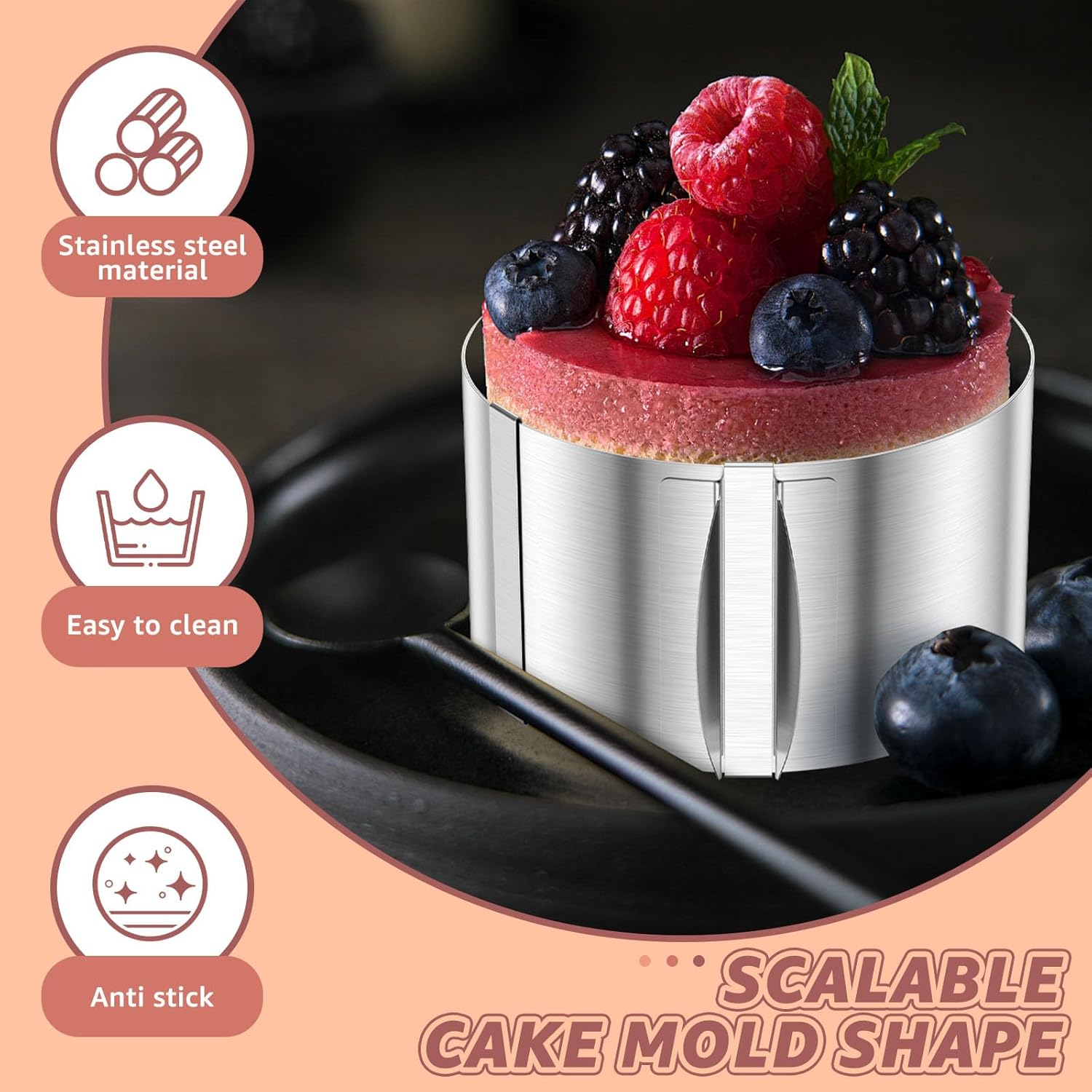 Fwqofvk 6-12 Inch round Cake Ring, Stainless Steel Adjustable Cake Mold Collar Set with Clear Cake Roll, Temperature Resistant Mousse Mold Set, Bakeware Set Tool for Chocolate Fruit Tart image number 2