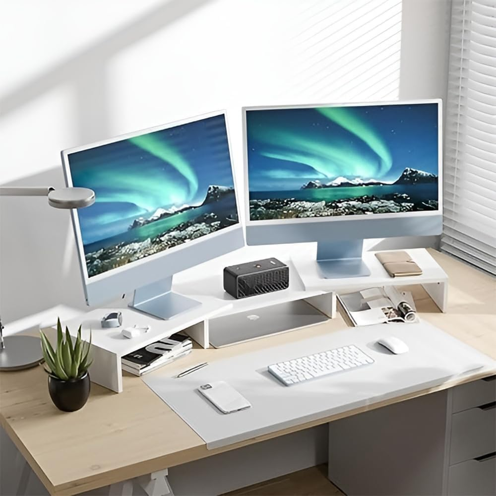 HHWRT Desk Monitor Stand with Drawer, Adjustable Length and Angle, Desktop Organizer Stand, Dual Monitor Stand Riser, Ergonomic Computer Screen Riser for Home and Office Desk Organization