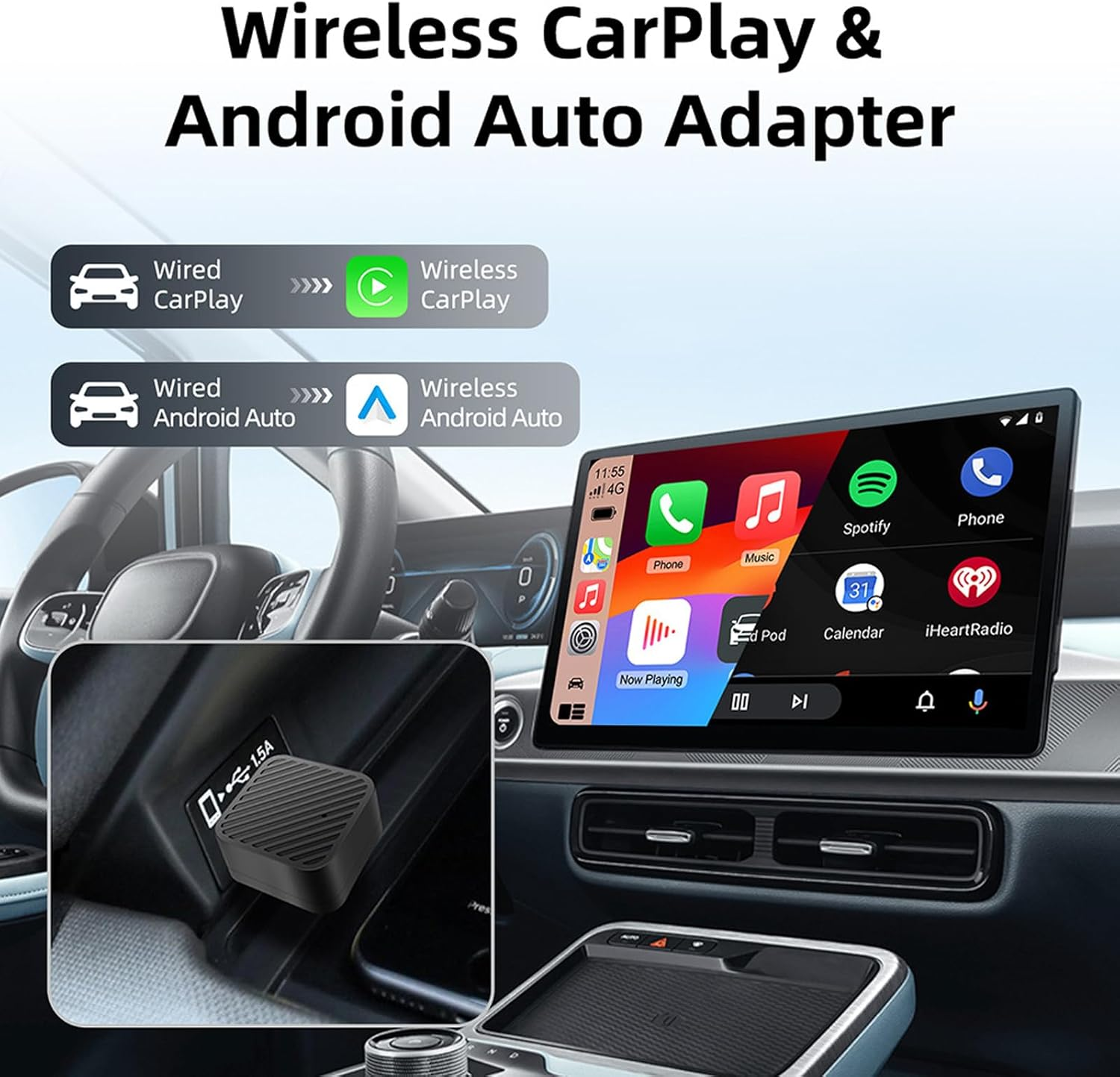 Mini Wireless Carplay Adapter,Android Auto,Plug & Play for Apple Carplay Wireless Adapter,Cordless Apple Play, and Android Auto USB-A/C Support,For Iphone,Android