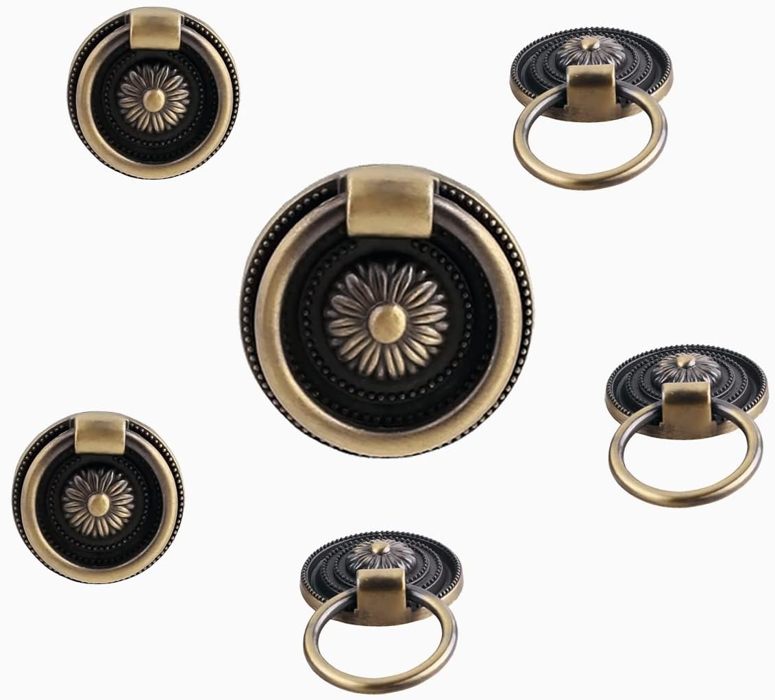 Headsitg 6 Pcs Antique Drawer Pull Ring Cabinet Ring Handle Cabinet Drawer Dressing Knob Handle Antique Brass,Size:1.37" L X 1.37" W X 0.5''H