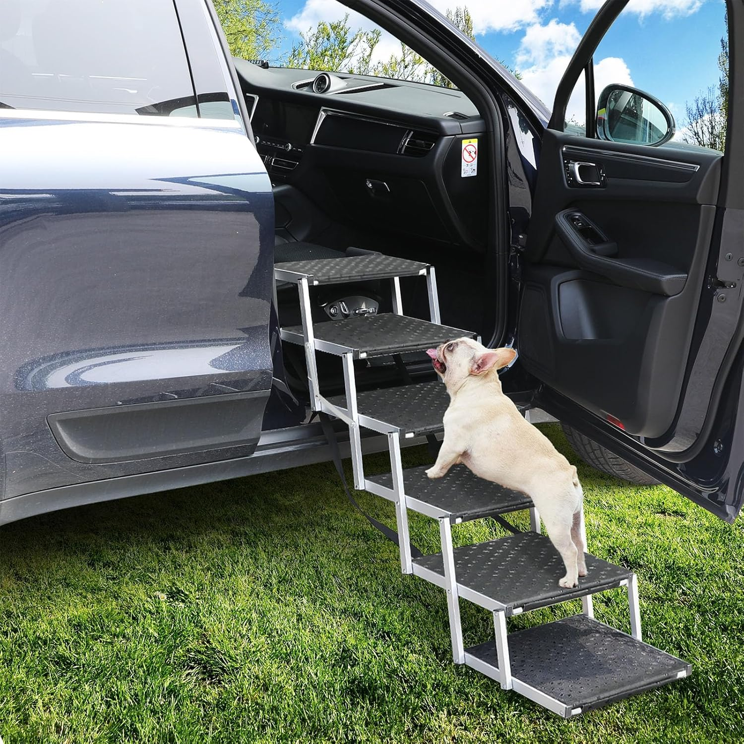 Pawz Folding Dog Stairs for Large Dogs - Portable 6-Step Steel Pet Ramp for Cars, Suvs, Trucks, with Non-Slip Reinforced Steps, Adjustable Height, Supports up to 90KG