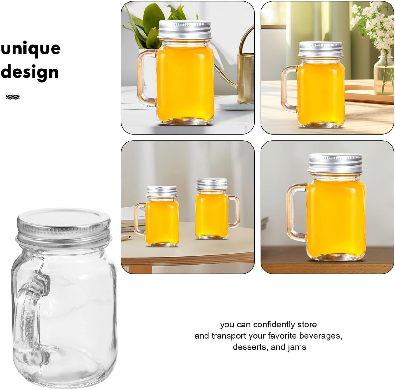 PRETYZOOM 4Pcs 120Ml/4Oz Mason Jars with Lid, Reusable Glass Shot Bottle with Handle, Leakproof Dispenser Bottle for Jam, Juice, Honey image number 4