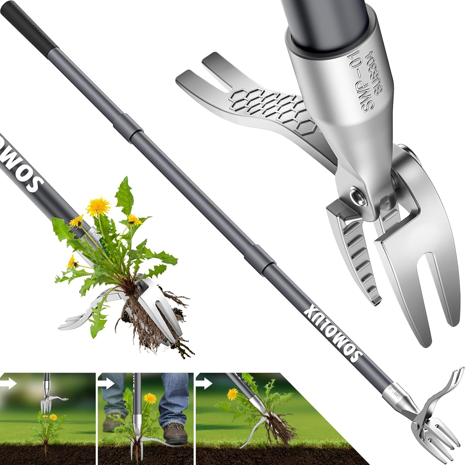 SOMOLUX 52'' Weed Puller Stand-Up Weeder Weeding Tool for Gardening Heavy-Duty Stainless Steel Claw with Long Metal Handle Weed Remove Tool for Lawn/Yard and Garden without Bending or Kneeling image number 2
