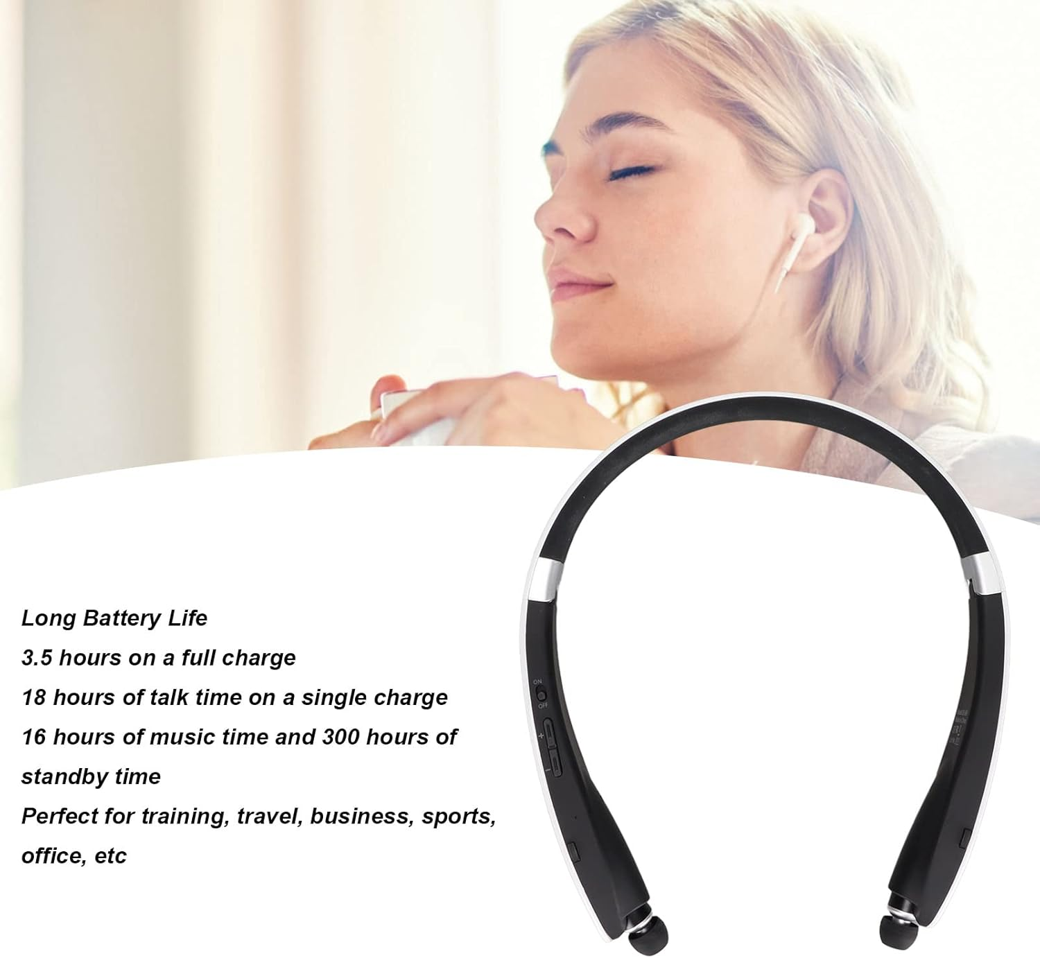 Gearwell Bluetooth Neckband Headphones, Wireless Headset with Mic and Retractable Earbuds, Foldable Bluetooth Earphones with Noise Cancelling Audio, for Hands Free Phone Calls and Music image number 4