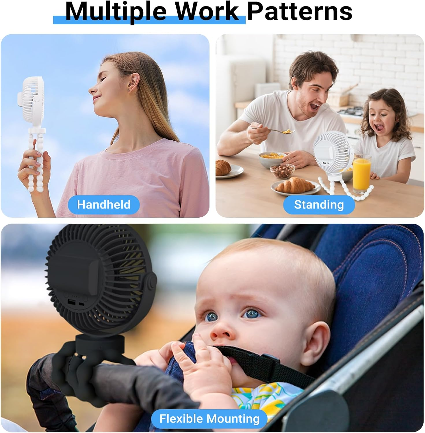 USOR Pram Fan, 4 Speed Portable Clip on Stroller Fan for Baby5000Mah Battery Operated Personal Desk Fans with Flexible Tripod Mini Handheld Usb Fan Rechargeable for Car Seat Treadmill Camping Black image number 2