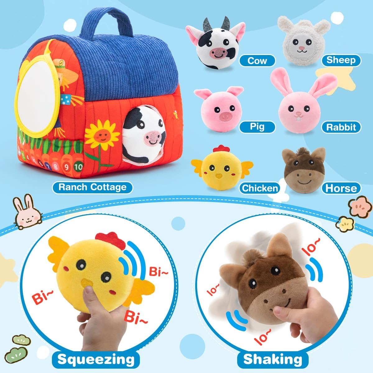 SPANKAR Baby Toys 6-12 Months,Soft Barn Toys with Stuffed Farm Animals,Rattle,Crinkle Paper, Squeaker, Mirror,Montessori Toys for Toddlers 1-3,Newborn Toy for Baby Boys Girls Birthday Gifts image number 4