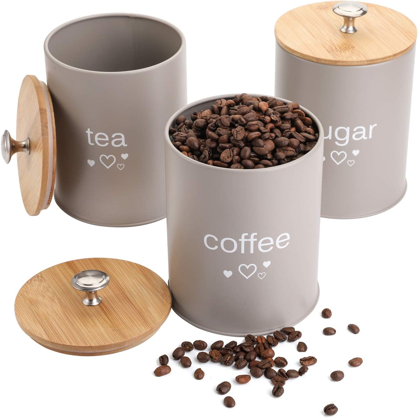Fasmov Set of 3 Kitchen Canister Set, Coffee, Sugar, and Tea Storage Container Jars with Bamboo Lids for Storing Sugar, Coffee and Tea, Gray image number 1