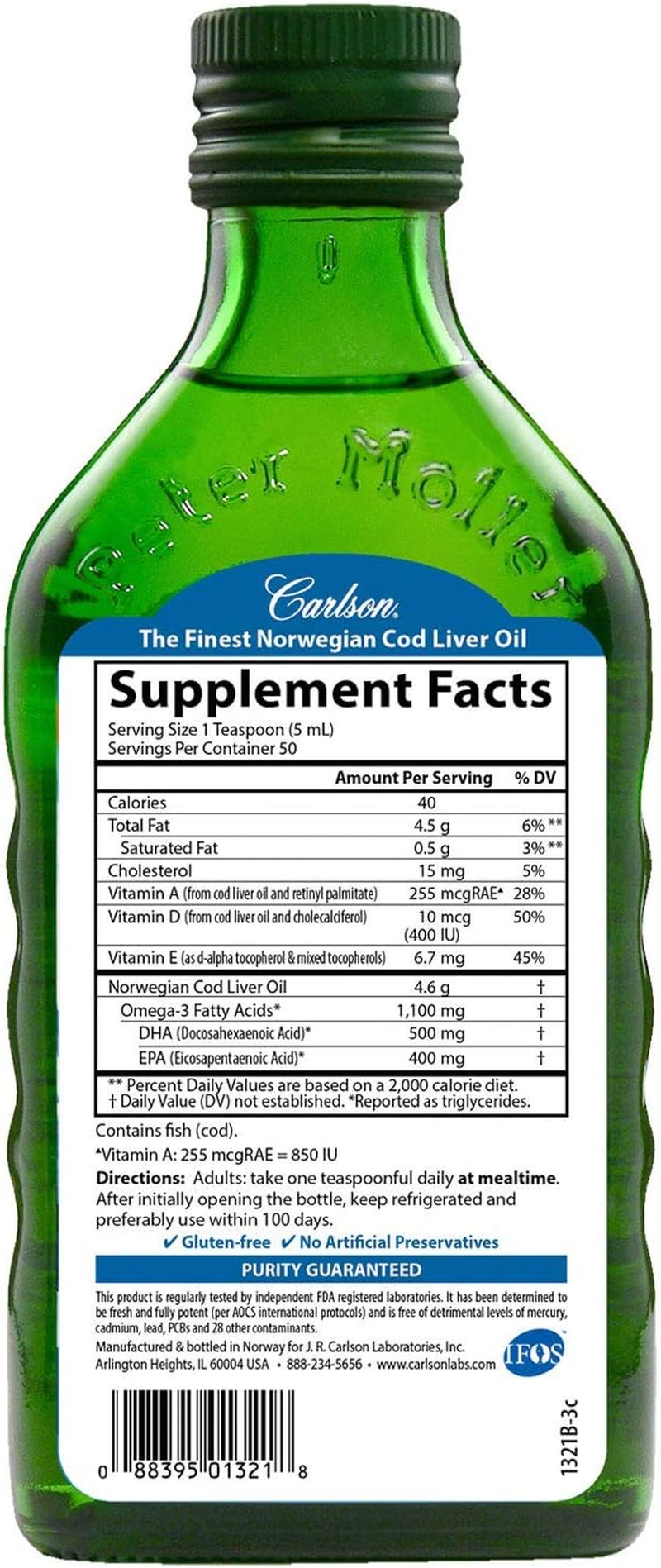 Carlson - Cod Liver Oil, 1100 Mg Omega-3S, Norwegian, Sustainably Sourced, Unflavored, 250 Ml image number 1