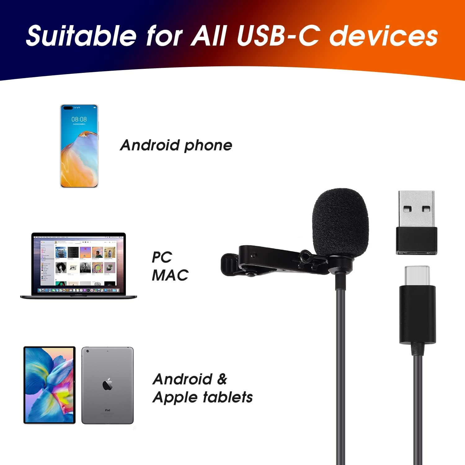 Daffodil MCP150 Lavalier Microphone USB C Lapel Microphone Clip on Microphone for Android Smartphone Iphone Tablet Laptop Camera Recording Streaming Podcast Vlog Youtube with USB Adapter image number 3