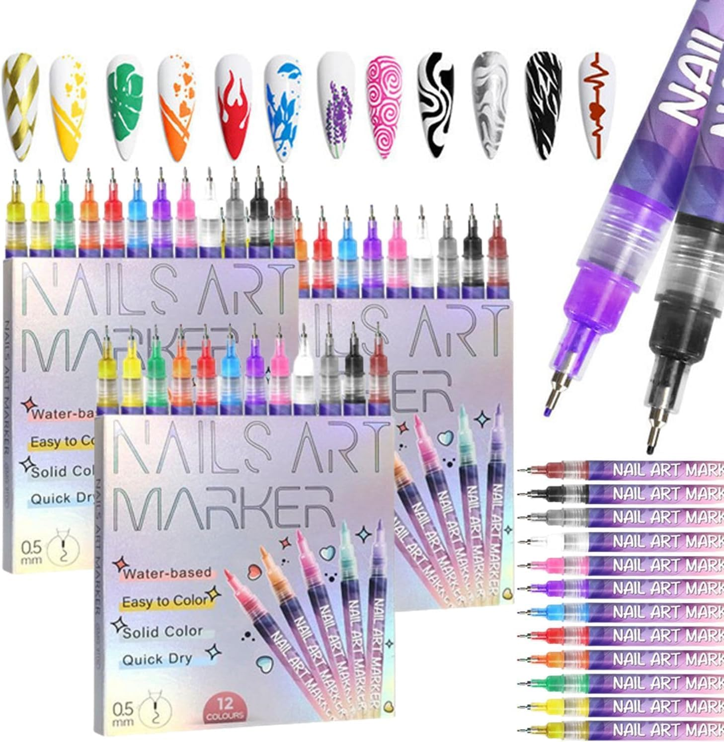 12 Colors Nail Art Pens Set, 2025 New Quick Drying 3D Nail Polish Pens, Nails Art Design, Manicure Nail DIY Decoration, Nail Doodle Pens for Home Salon (1Set)