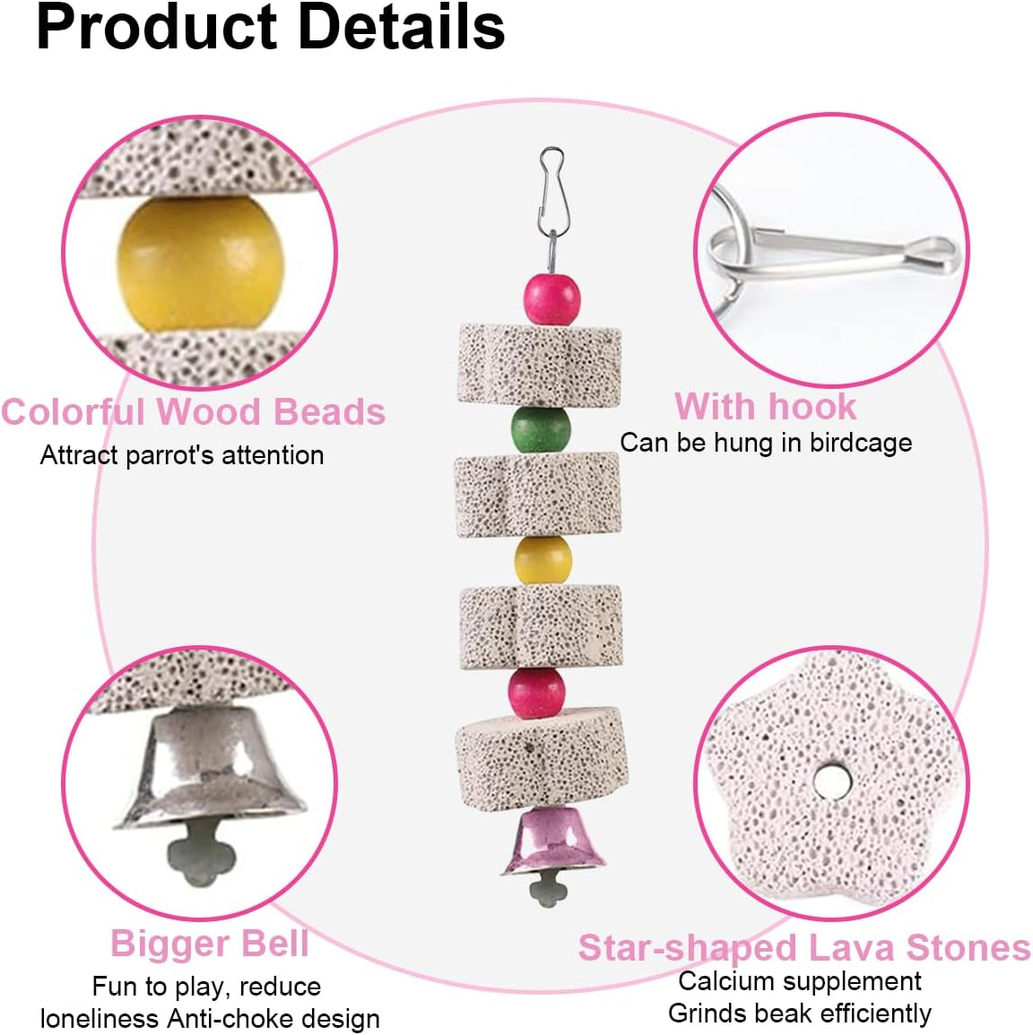 Ruayia Bird Chew Toy, 2 Pieces Birdbeak Whetstone with Bell, Parrot Beak Whetstone for Cockatoo Budgie Parakeet Cockatiel Lovebird, Hanging Swing Bird Cage Accessories image number 4