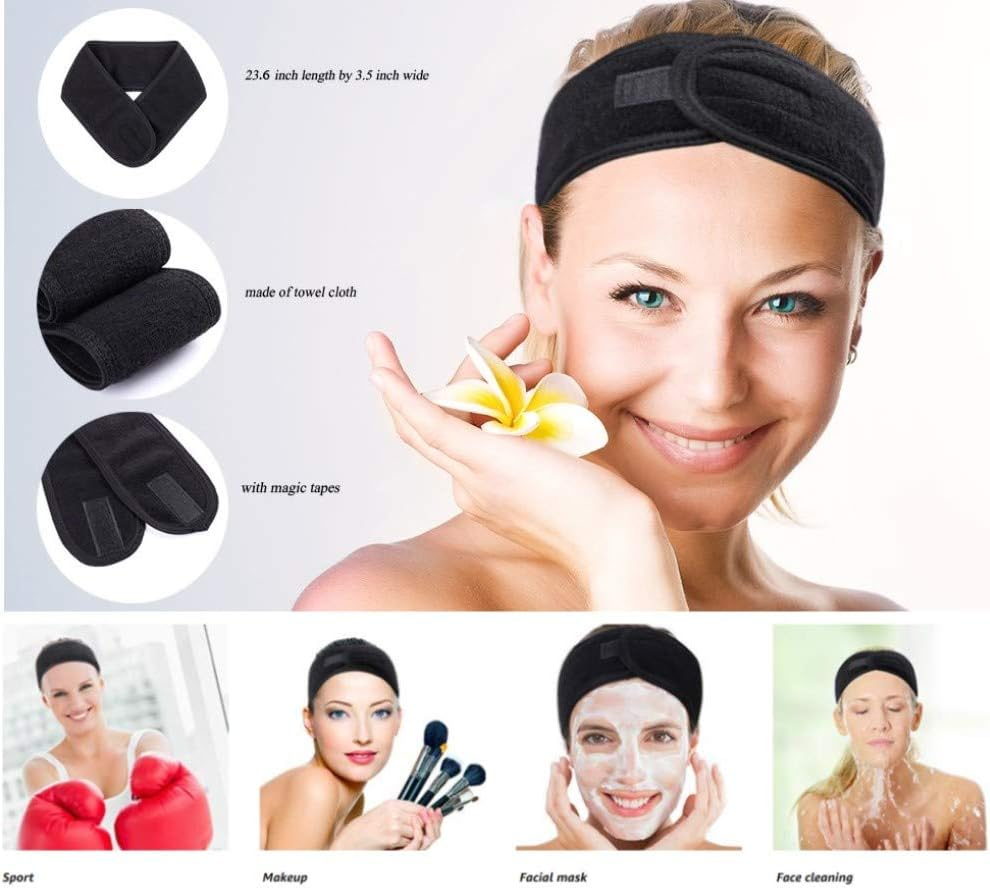 Onwon 2 Pack Facial Spa Headband with Magic Tape - Head Wrap Terry Cloth Headband Stretch Towel Headband for Bath, Makeup, Yoga and Sport, Black image number 2