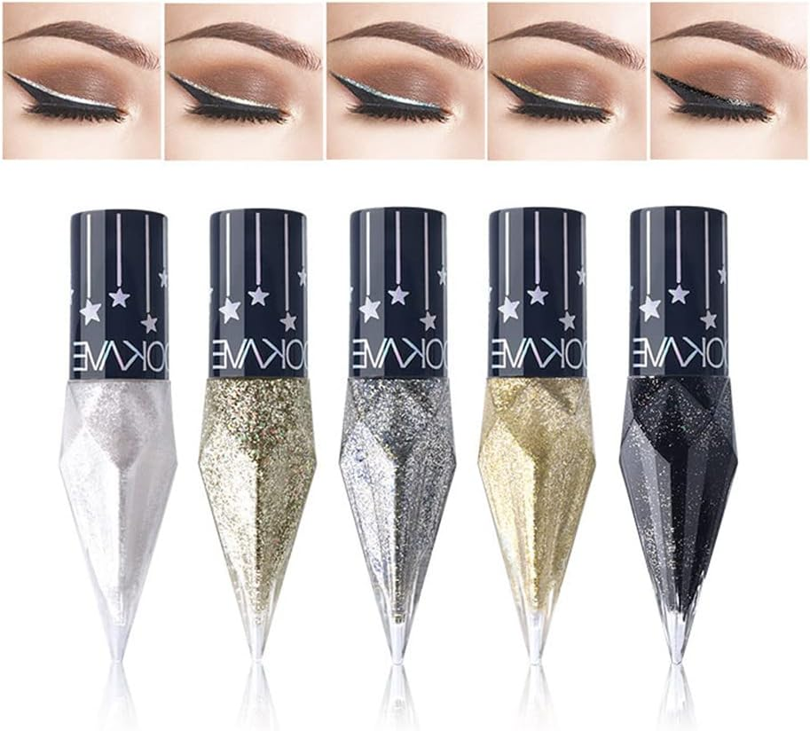 Go Ho Glitter Liquid Eyeliner Colorful Set,5 Colors Metallic Shimmer White Black Silver Gold Diamond Eyeliner,Glitter Eye Liner Sticks,Waterproof Long Lasting Sparkle Eye Makeup image number 4