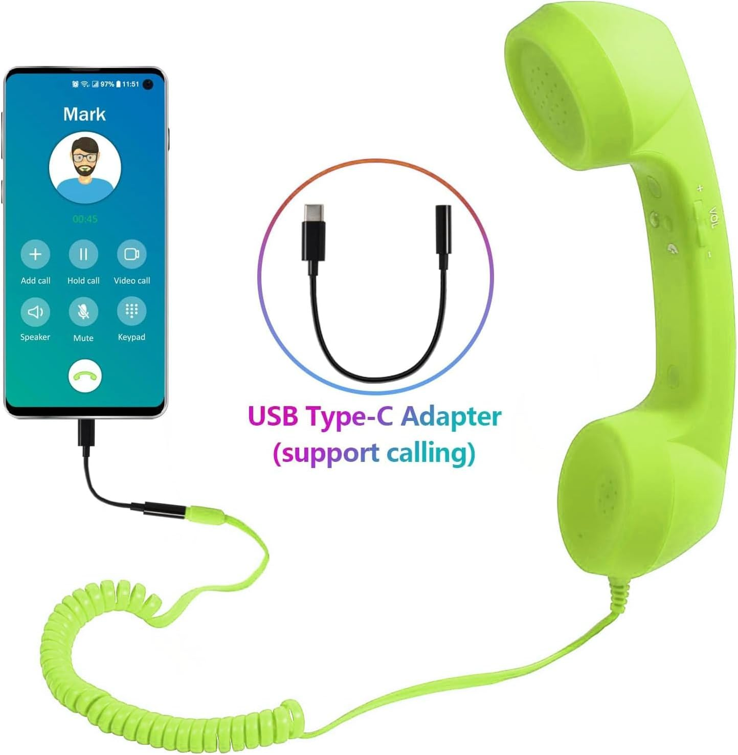 Vintage Retro Telephone Handset, Radiation Proof Cell Phone Receiver MIC Microphone for Cellphone Smartphone, 3.5 Mm Socket with USB C (Green) image number 4