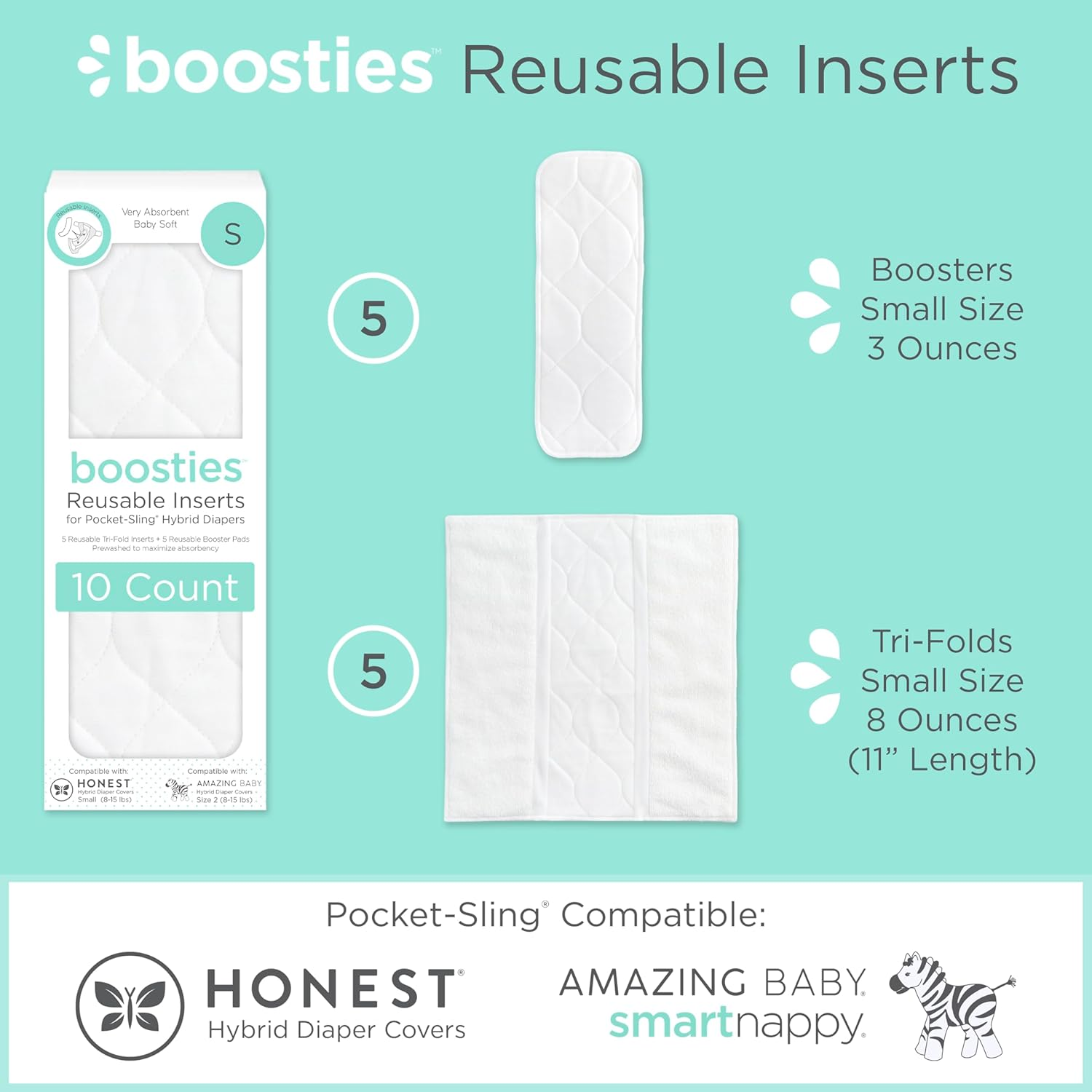 Boosties Cloth Diaper Reusable Inserts, Set of 10, Fits Honest Hybrid Diaper Cover, Fits Amazing Baby Smartnappy Cover, Pocket-Sling Compatible, 5 Tri-Fold & 5 Boosters, Size Small (11&rdquo; Length) image number 1