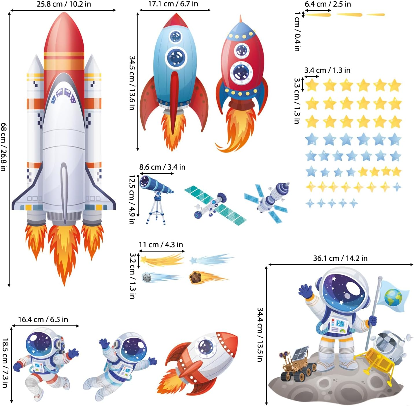 DECOWALL SG2-2416 Rocket Astronaut Wall Stickers Decals Kids Bedroom D&eacute;cor Nursery Boys Galaxy Stars Outer Space Planets Solar System Dark Removable Decoration Living Spaceship Window Art Mural Peel image number 1