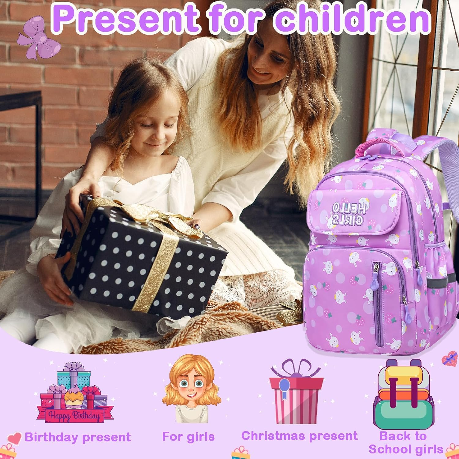 Kids Backpack Cute School Bookbag for Girls Kawaii Printed Schoolbag Elementary Lightweight Backpack image number 6