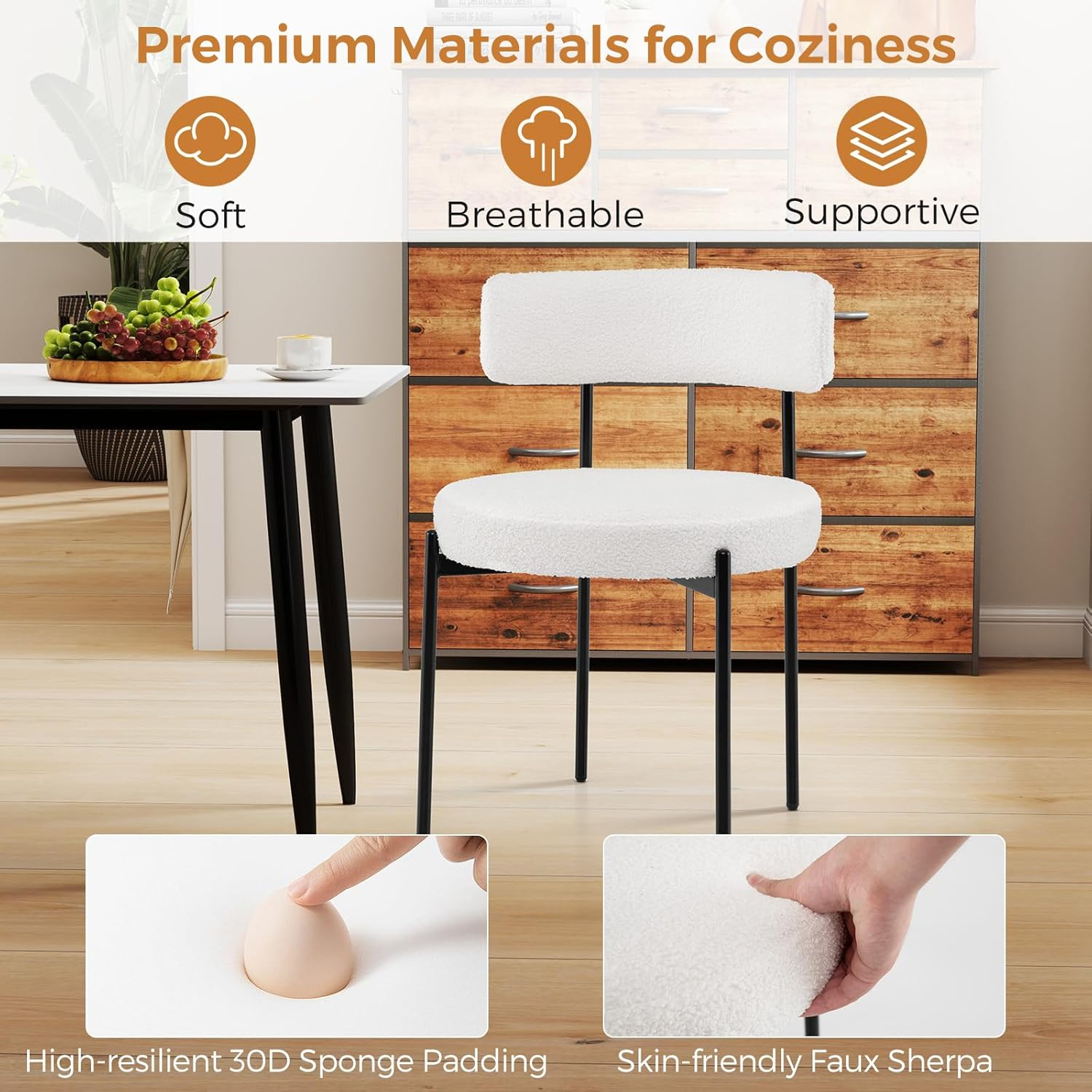 Giantex Boucle Dining Chair Set of 2, round Sherpa Upholstered Kitchen Armless Chairs with Curved Backrest & Metal Legs, White Modern Accent Side Chairs for Dining Room, Living Room (2) image number 2