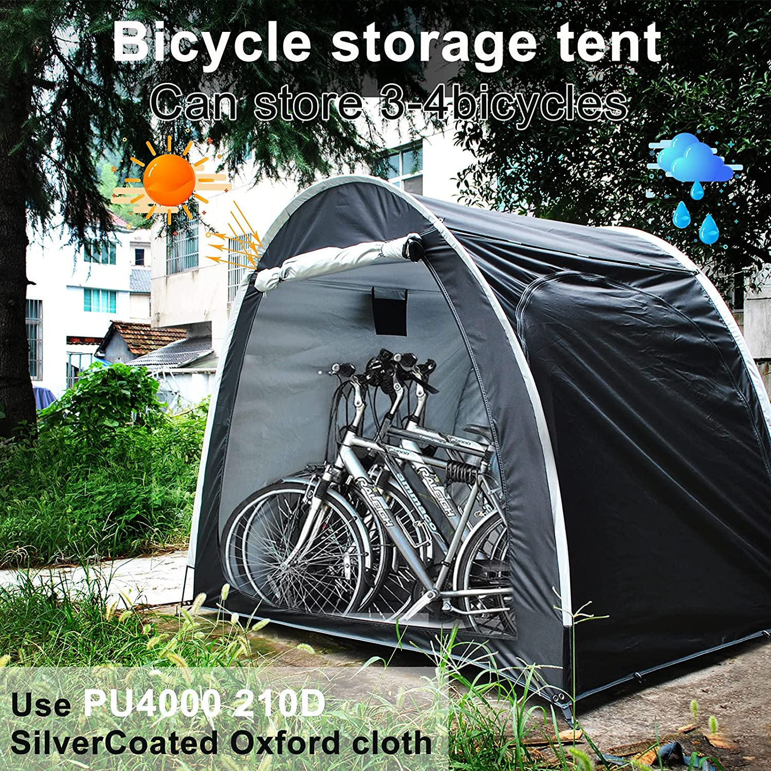 Bike Storage Shed,Bicycle Cover Tent,Heavy Duty Enlarged Style Two Doors Can Store 3-4 Bicycles Oxford Fabric Material,With Waterproof Coating,With Multi Tool and 2Pcs Combination Lock (Black) image number 4