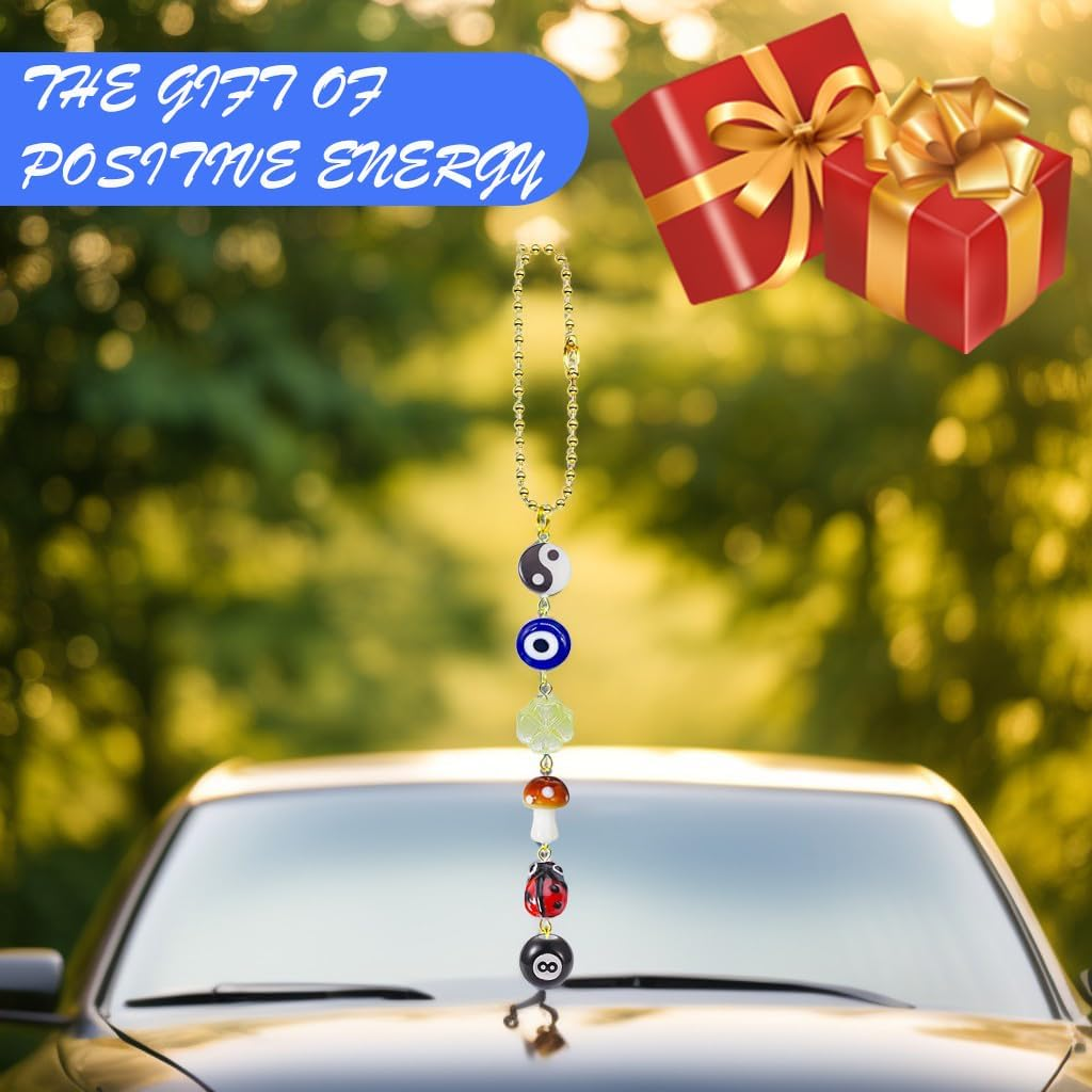 Evil Eye Car Hanging Ornament,Good Lucky Days Car Charm,8 Ball Mushroom Four-Leaf Clover Pendant for Car Rear View Mirror,Cute Boho Evil Eye Ladybug Yin Yang Symbol Car Decor Accessories image number 1