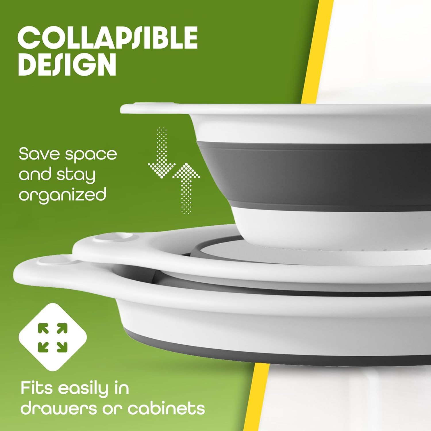 Gevoli Collapsible Colanders (3 Pack Set) Food Strainers with Over-Sink Water Draining Base for Pasta Fruits and Vegetables, White (3 Sizes, 3QT, 4QT and 5 Quart) image number 4
