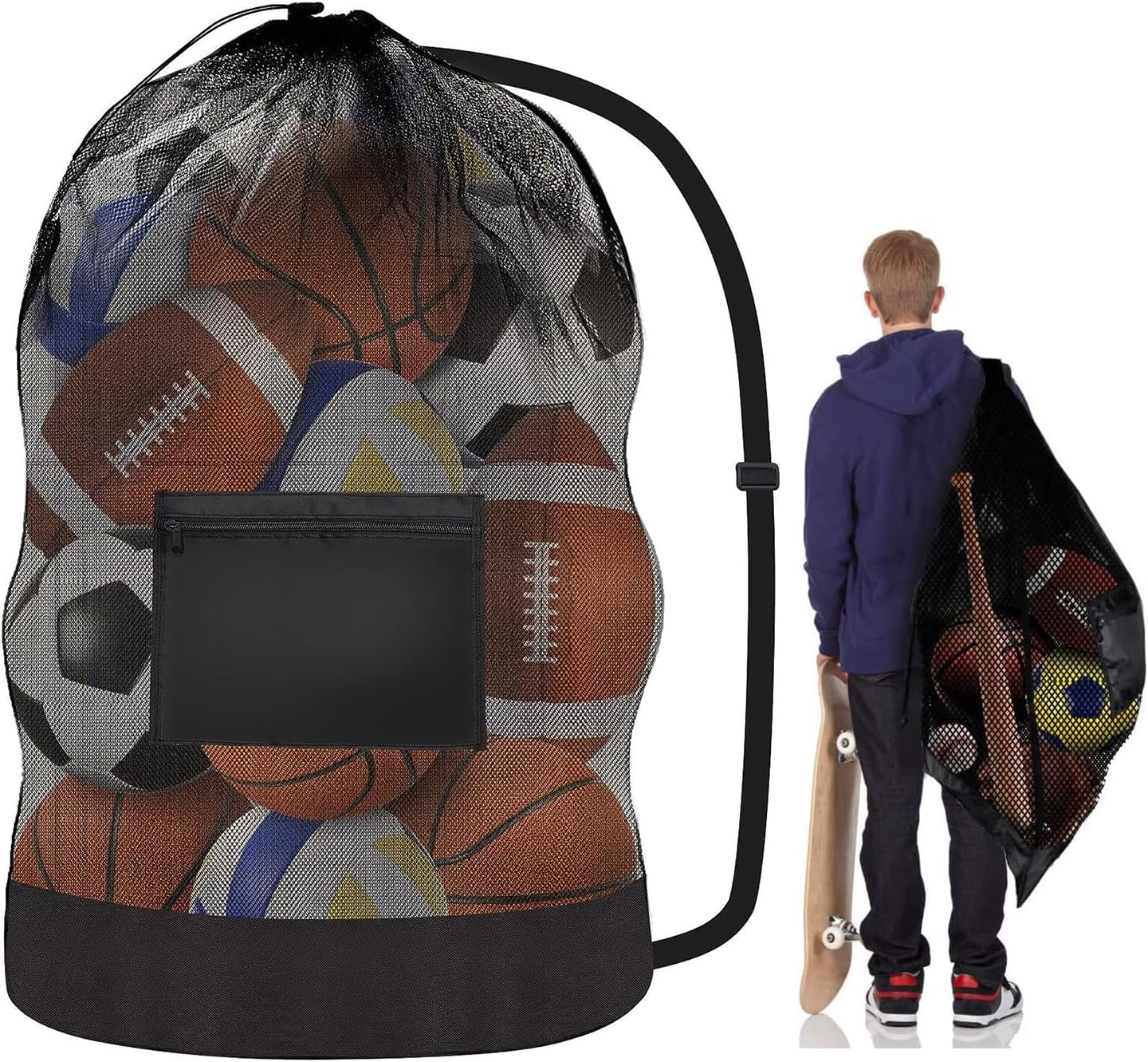 Ball Storage, Large-Capacity Ball Bag, Mesh Drawstring Football Storage Bag, Sports Equipment Bag with Shoulder Strap, with Slip Pocket, Can Be Used for Basketball, Football, Volleyball, 30*40 Inches image number 3