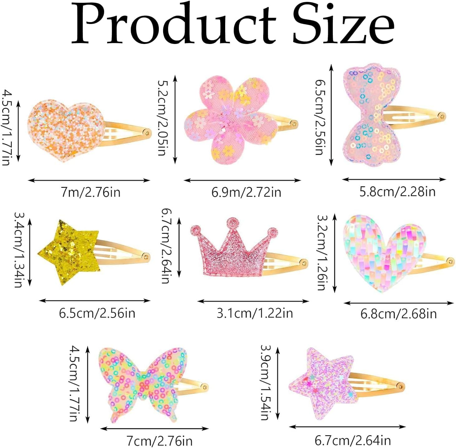 Pack of 16 Hair Clips Cute Metal Hair Barrettes Sparkling Hair Clips for Girls, Crown, Butterfly, Star, Heart Shaped Glitter Little Girl Clip, Non-Slip Hair Styling Accessories for Women