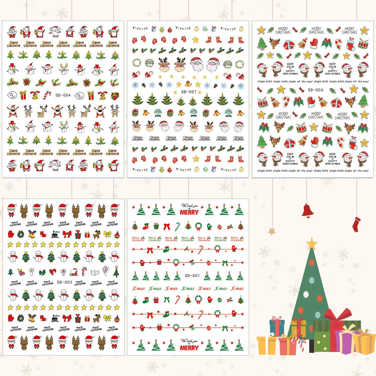 Whaline 20 Sheets Christmas Nail Art Stickers, 3D Self-Adhesive Stickers Santa Claus Reindeer X-Mas Tree Bells Snowflakes Decals for Women Girls Kids Manicure DIY or Nail Salon (More than 1000Pcs) image number 5