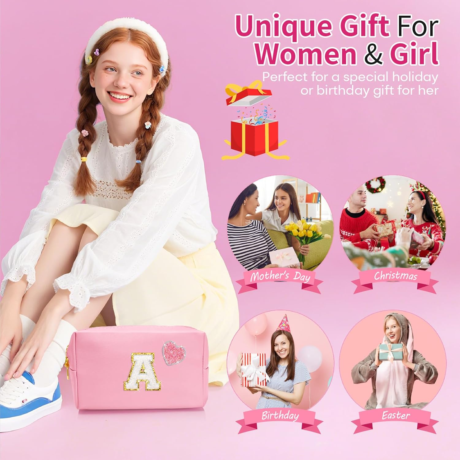 YILANCOL Personalized Initial Makeup Bag with Bling Heart Preppy Cosmetic Bag Cute Toiletry Travel Bag for Teen Girls Women Letter Makeup Pouch Purse for Holiday Birthday Christmas Gifts, Pink image number 5