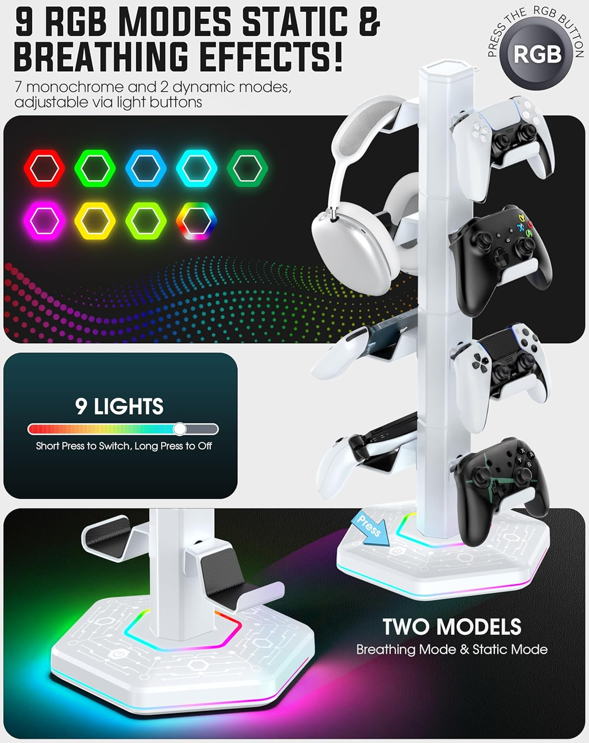 Kytok RGB Controller Holder for Ps5/Ps4/Xbox/Switch, Headphone Stand with 2 USB Charging Ports & Type-C & Headphone Jack, Controller Stand with Cable Organizer, Headset Holder for Desk, 4 Tiers White image number 4