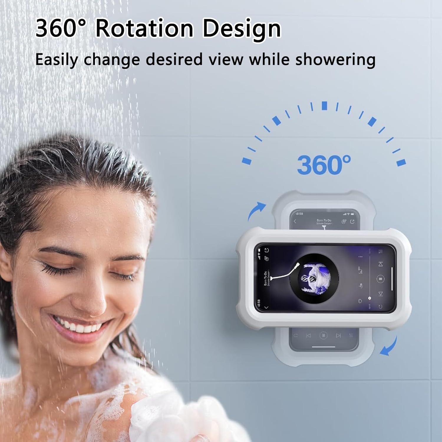 TONGLUO Shower Phone Holder Waterproof, 360&deg; Rotation Adjustable Wall Mount, Bathtub/Bathroom Phone Stand with Anti-Fog Case for Iphone 17 Pro Max Air and 4-7" Phones(White) image number 1