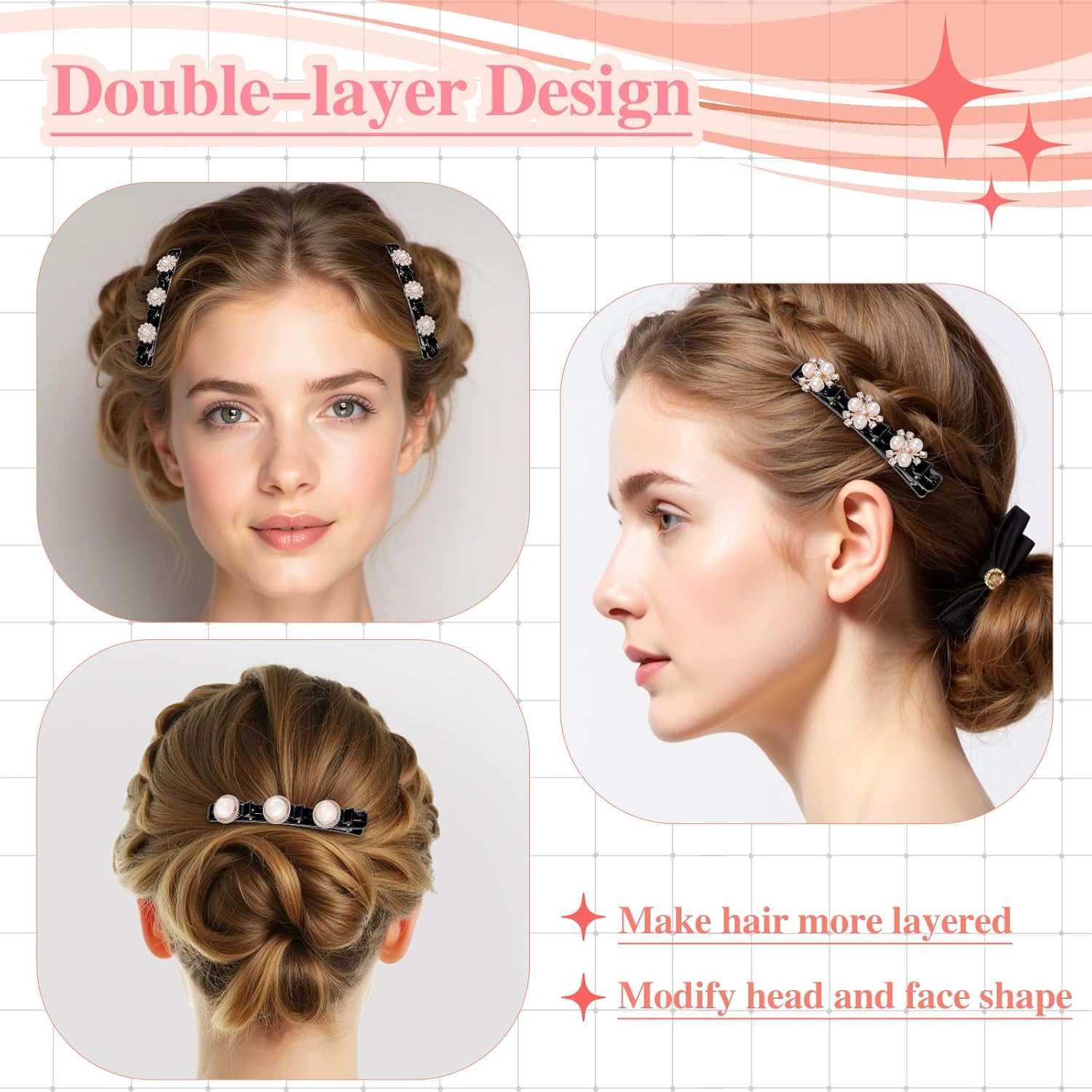 JSRQT 8Pcs Elegant Pearl Braided Hair Clips, French Duckbill Hairpin for Women Girls, Double Layer Design Bangs Clip Hair Slides with 3 Mini Hairpins, Fashion Barrettes Accessories, 4 Styles