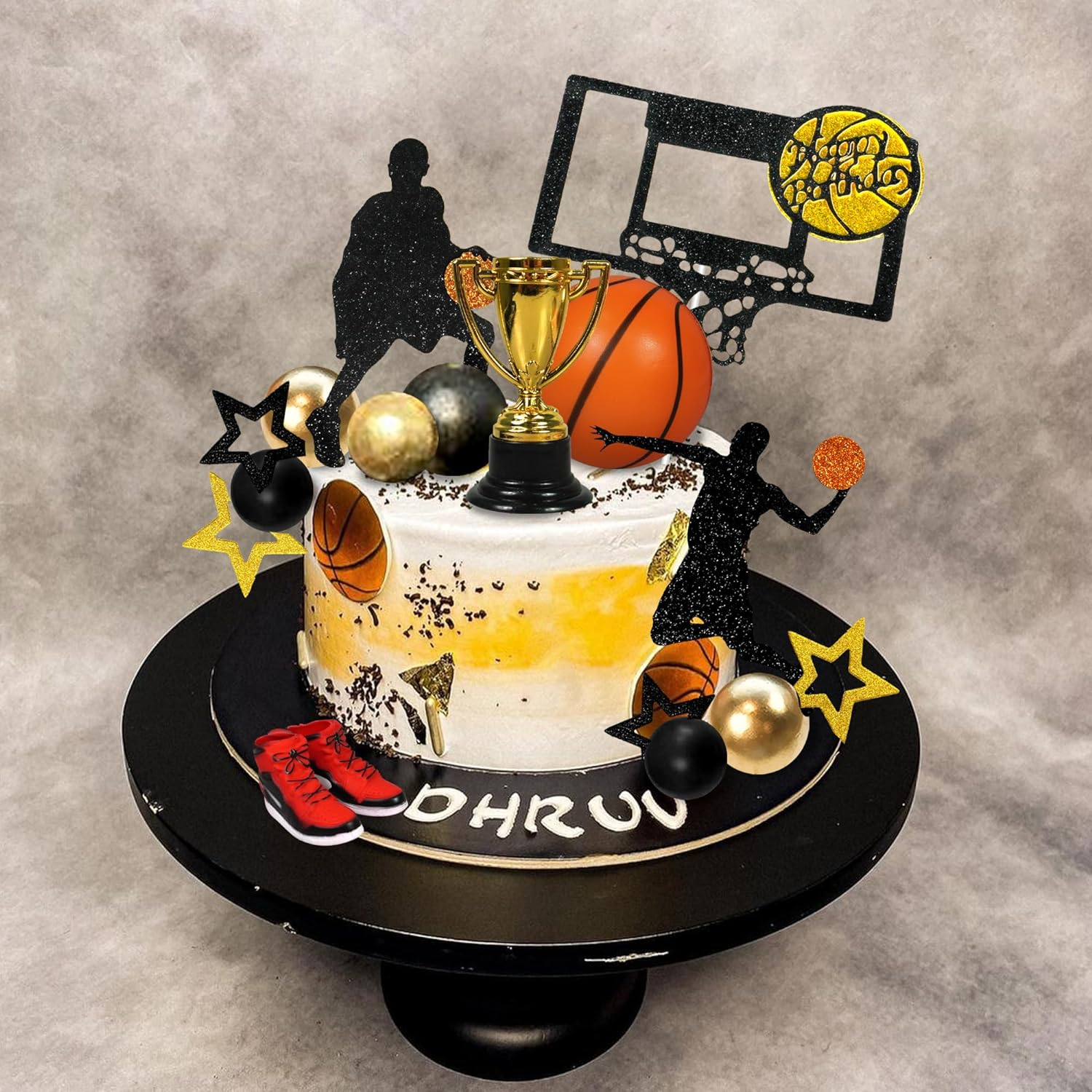 DRWATE 28 PCS Basketball Cake Toppers Black Gold Ball Theme Decoration for Boy Birthday Party Supplies Decorations (Style 1)