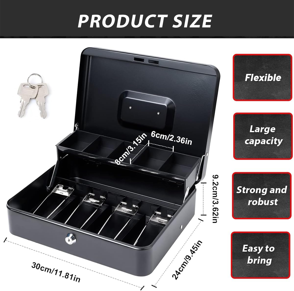 Cash Box with Keys and Security Lock, Large Money Box Cash Register,With 4 Trays for Bills and 5 Deposits for Coins, for Safe Cash Storage image number 2