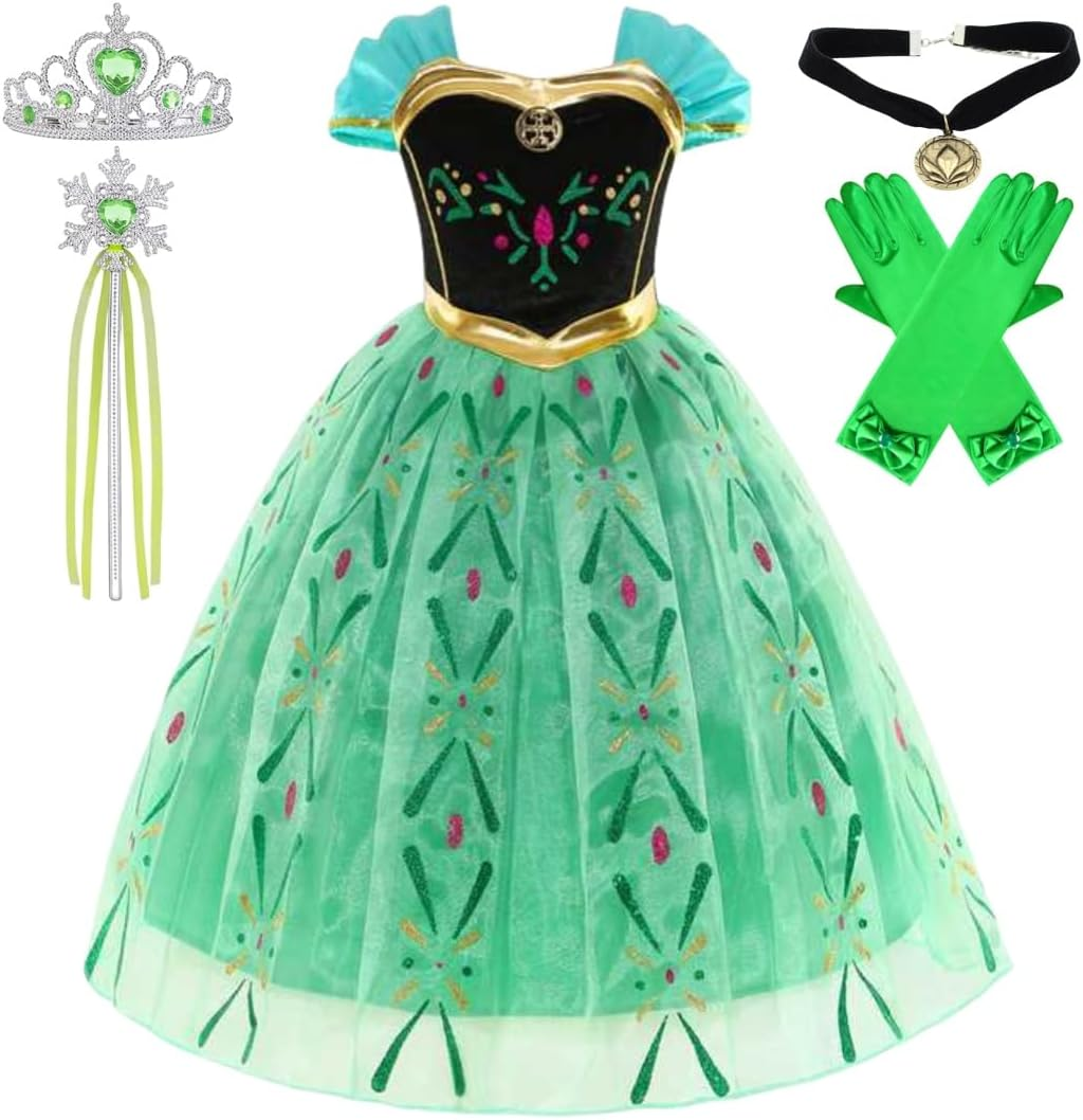 Princess Dress up Girls Halloween Cosplay Costume Anna Dress Long Sleeve with Cape