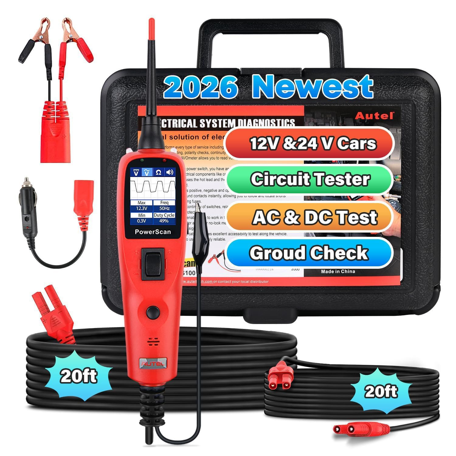Autel Powerscan PS100 Automotive Circuit Tester, Power Circuit Probe Tool, 12-24V Electrical Short Open Breaker Circuit Finder, Digital Multimeter/Relay & Diode Resistance Tool Kit W/ 20FT Long Cord image number 2
