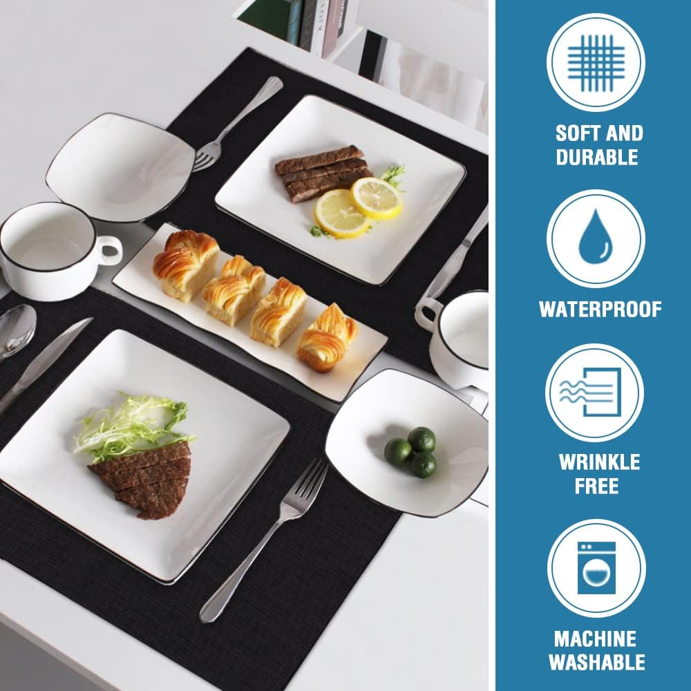 Linen Placemats for Dining Table,Rectangular Placemat Set of 6 Spill-Proof Waterproof & Heat Resistanttable Mats for Kitchen Washable Solid Table Mats, Black, 46X30Cm image number 1