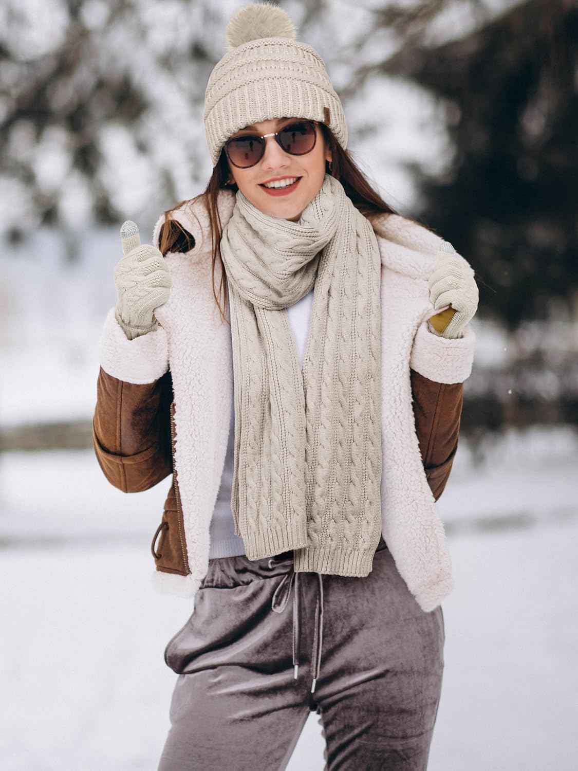 Aneco 4-In-1 Women Winter Beanie Hat Scarf Touchscreen Gloves Ear Warmer Set Fleece Lined Warm Knit Skull Cap with Pom Pom - Burgundy image number 5