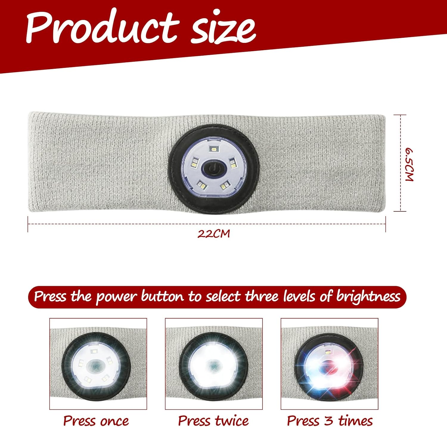 Yuraigm LED Illuminated Headband, Rechargeable USB Running Headbands with Light, Extremely Bright 5 LED Lamp, Winter Warm Headlamp with 3-Level Brightness for Men and Women, Gifts (Grey) image number 4