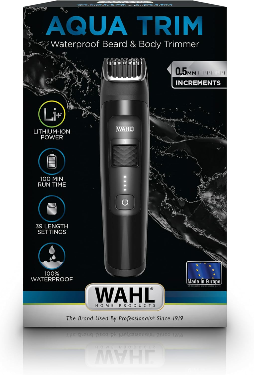 Wahl Aqua Trim Beard & Body Trimmer Waterproof Precision Beard Trimmer. Lithium-Ion Battey, All Beard Types, 100 Minutes Cordless Runtime. Smooth Guide Combs with 39 Lock-In Length Settings.