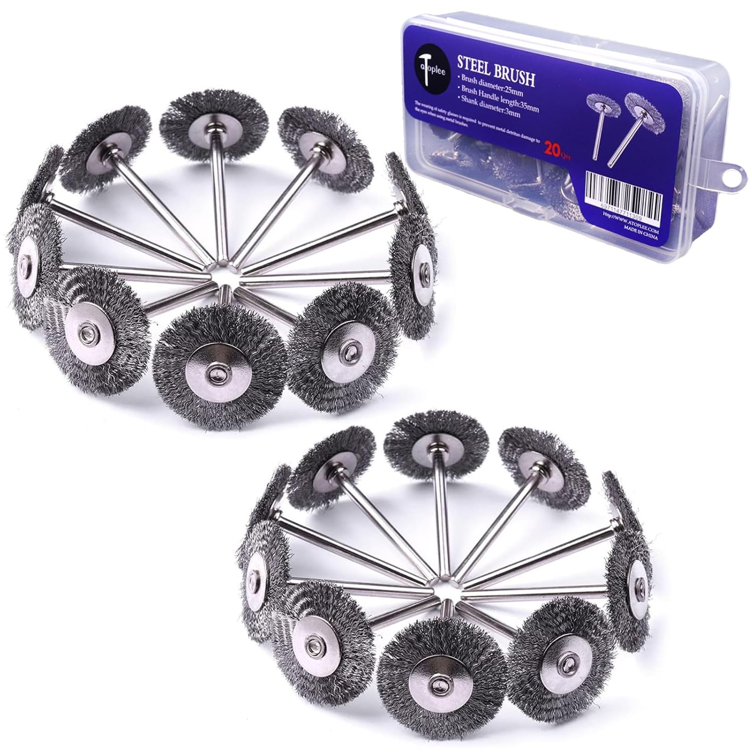 ATOPLEE Wire Wheel Brush Set,20Pcs 1 Inch Mini Wire Wheel with 1/8 Inch round Shank,Crimped Wire Brush Wheel for Rust Removal, Corrosion and Scrub Surfaces,For Drill Attachment