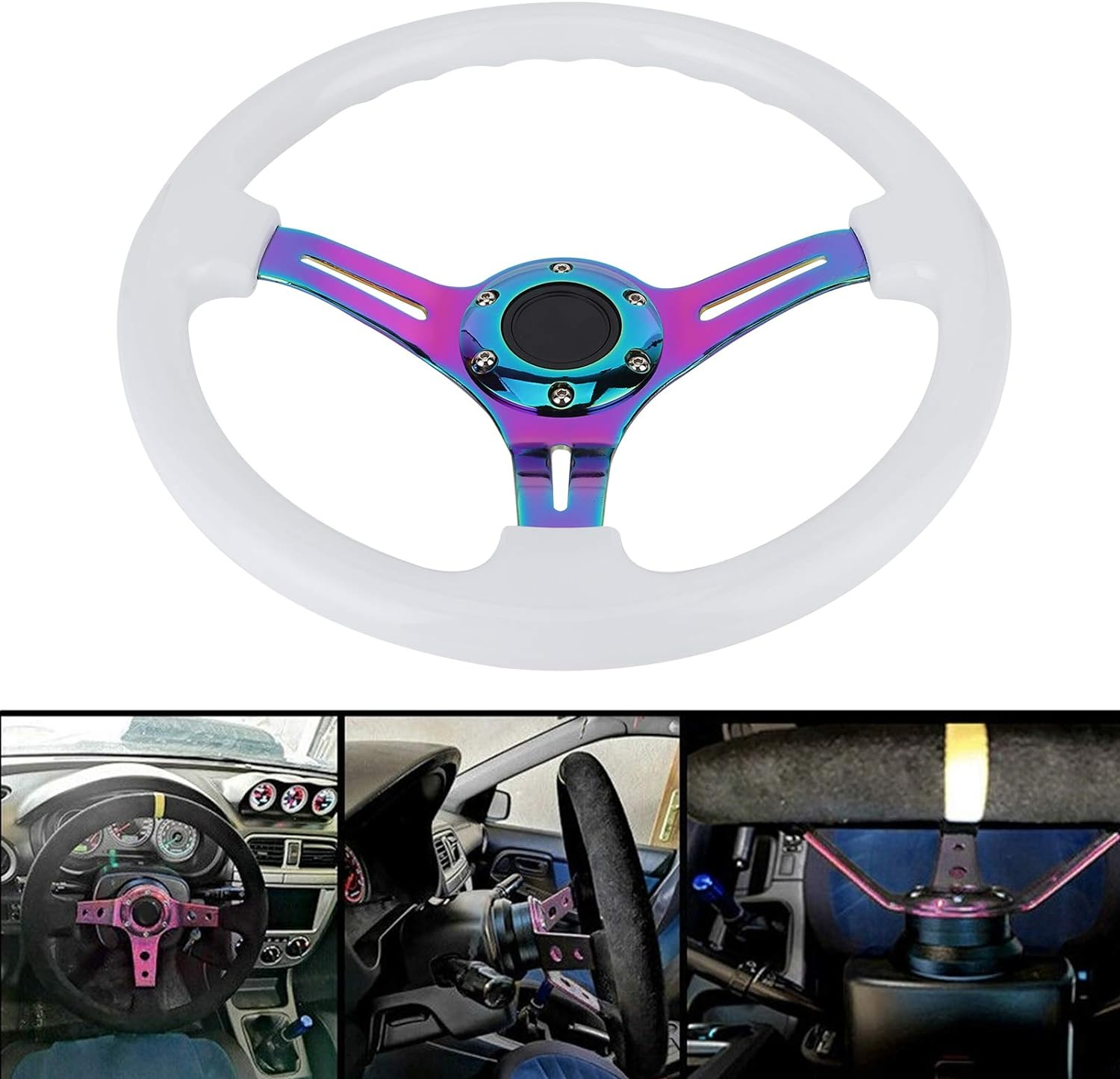 Universal Racing Steering Wheel, 14 Inch 3-Spoke Steering Wheel, 6-Bolt Fashion Colorful Spoke with Speaker Cable, ABS and Steel Spokes Drift Steering Wheel image number 3