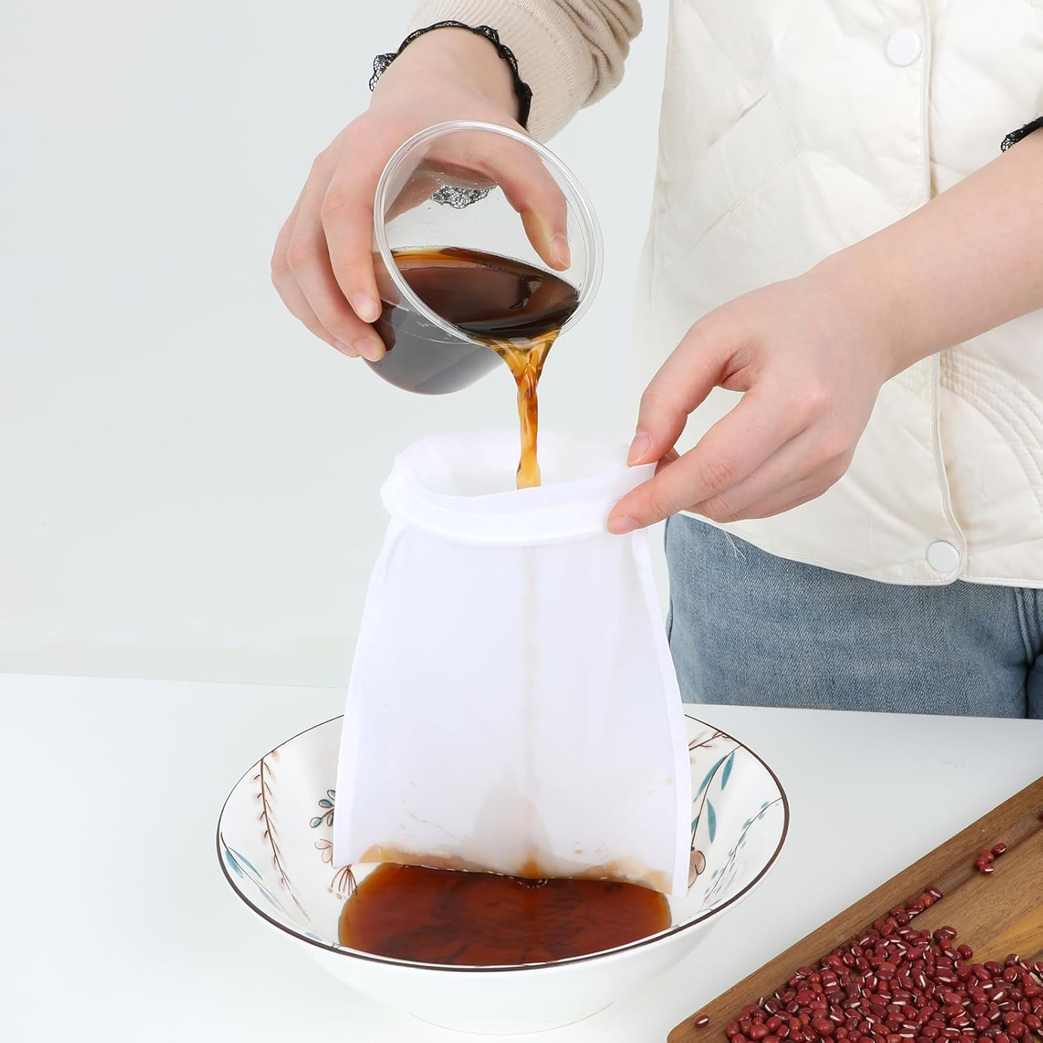 5 PCS Nylon Straining Bag, White Fine Mesh Bag Homebrew Beer Wine Filters for Sediment Brew Bags Mesh Strainer Bag for Home Brewing Hops Grains Wine Dry Hop Beer Making Drawstring Straining image number 6