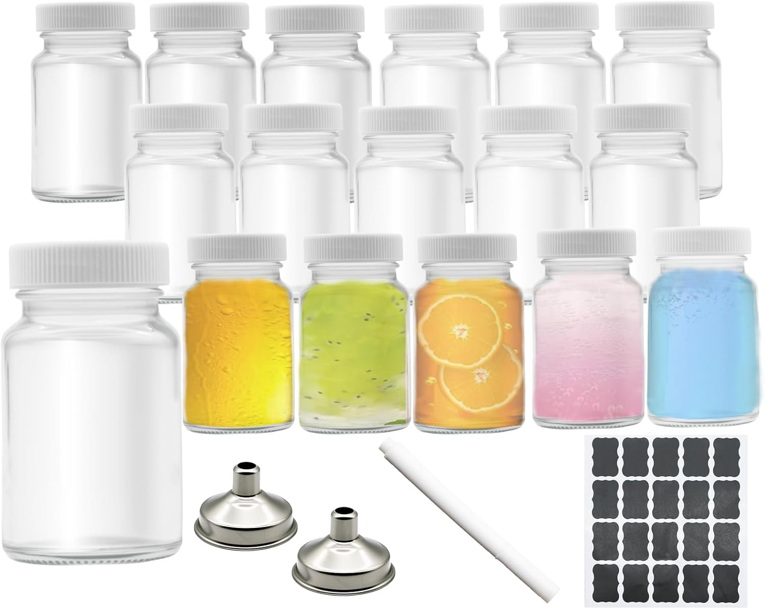 16 Pack 2 OZ Glass Shot Bottles with Caps, 60 ML Empty Wellness Juice Bottles for Freezer Mini Water Bottle Containers for Drink Milk Beer Coffee Liquid Beverages with 2 Funnels, Lables and Pen image number 6