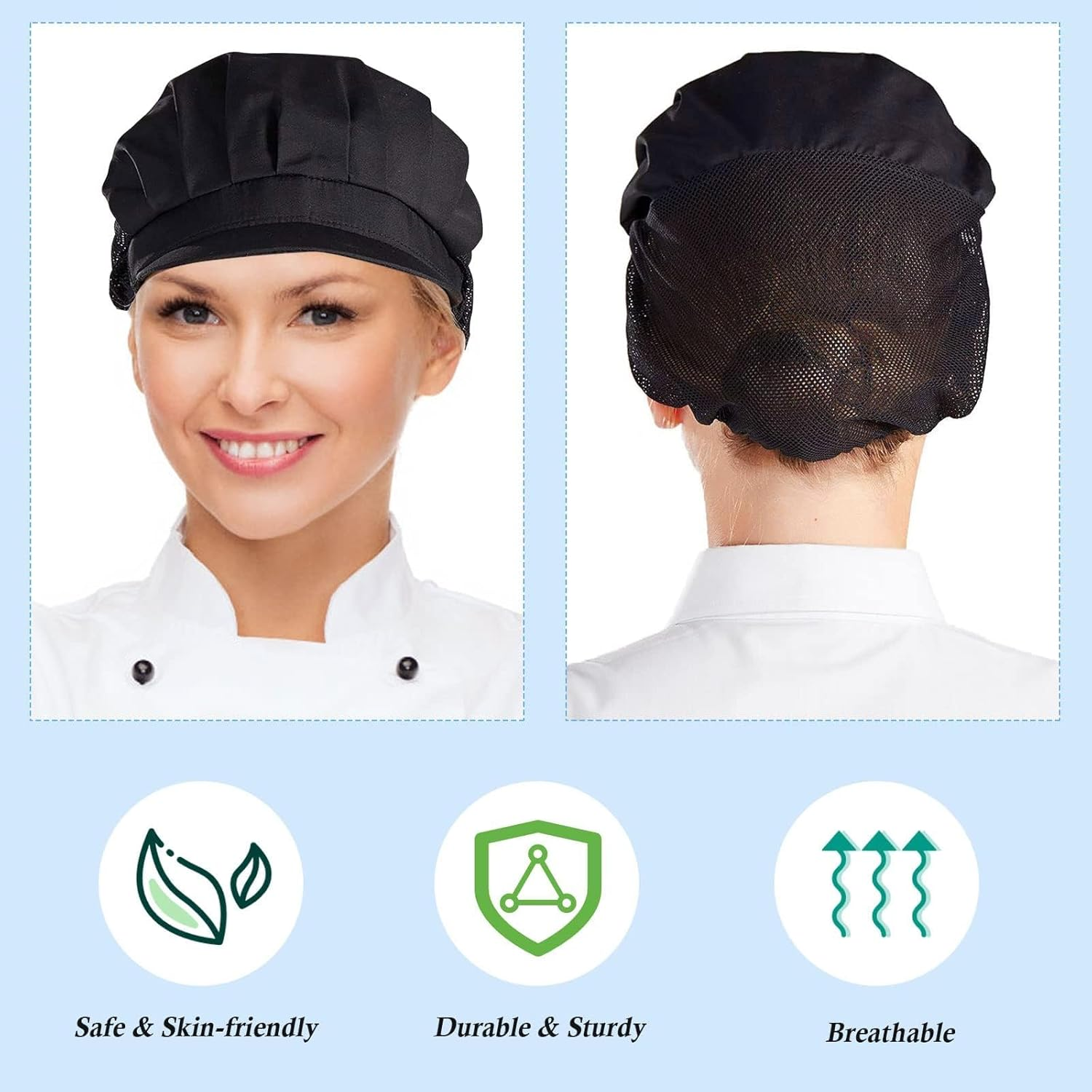 Hair Nets with Brim, 2PCS Elastic Chef Hats for Women & Men, Kitchen Hairnets for Food Service, Adjustable Black image number 3