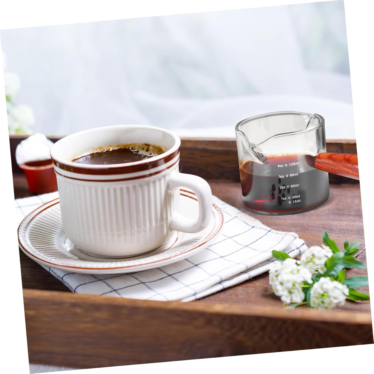 WEKADRIN 2 Pcs Glass Creamer Pitchers with Wood Handle Espresso Measuring Cups Graduated Borosilicate Glass for Coffee Milk Syrup Safe Rounded Edges Compact Design for Home and Cafe Use image number 4