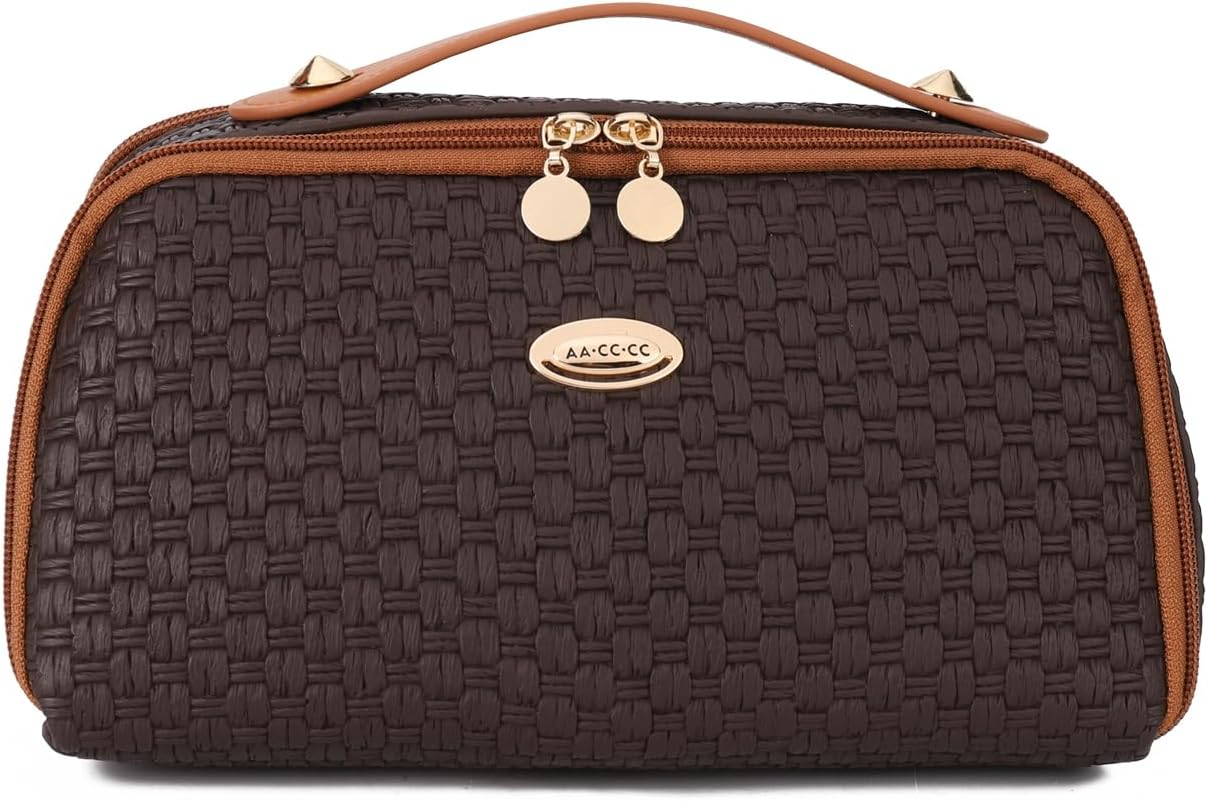 DDPOND Makeup Bag Organizer Cosmetic Bags for Women with Handle Toiletry Bag PU Leather Dark Brown