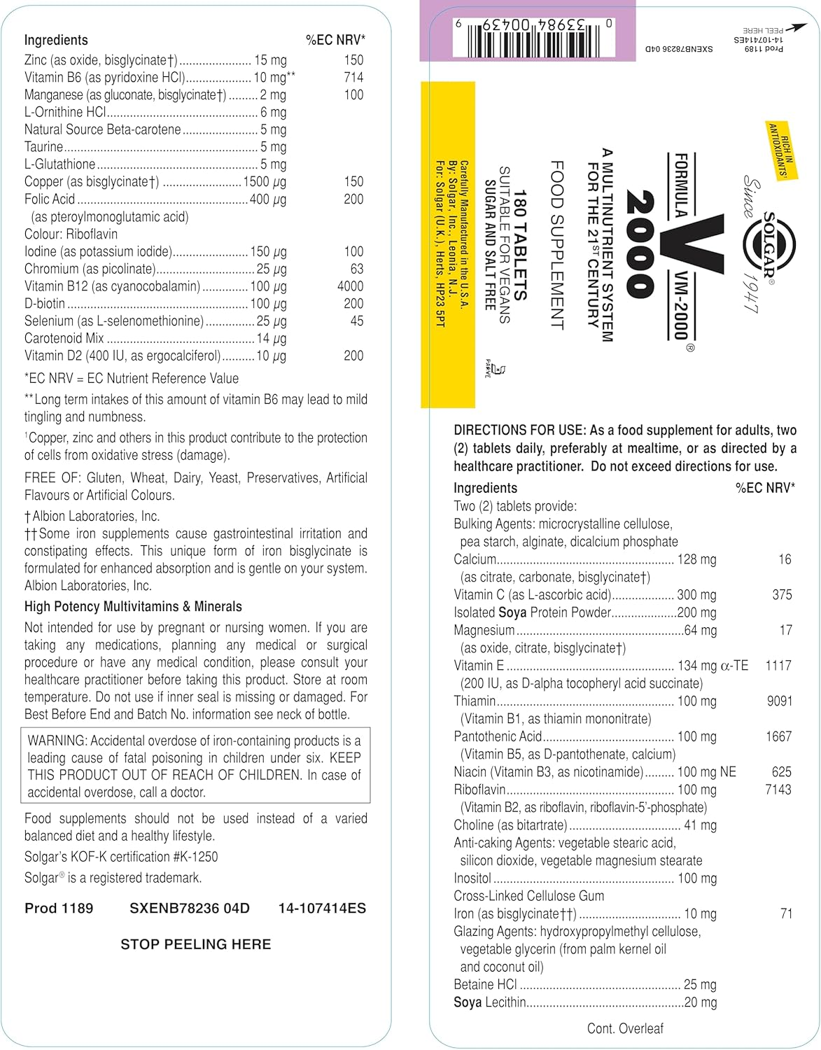 Solgar - Formula VM-2000 Multinutrient Formula - 180 Tablets image number 1