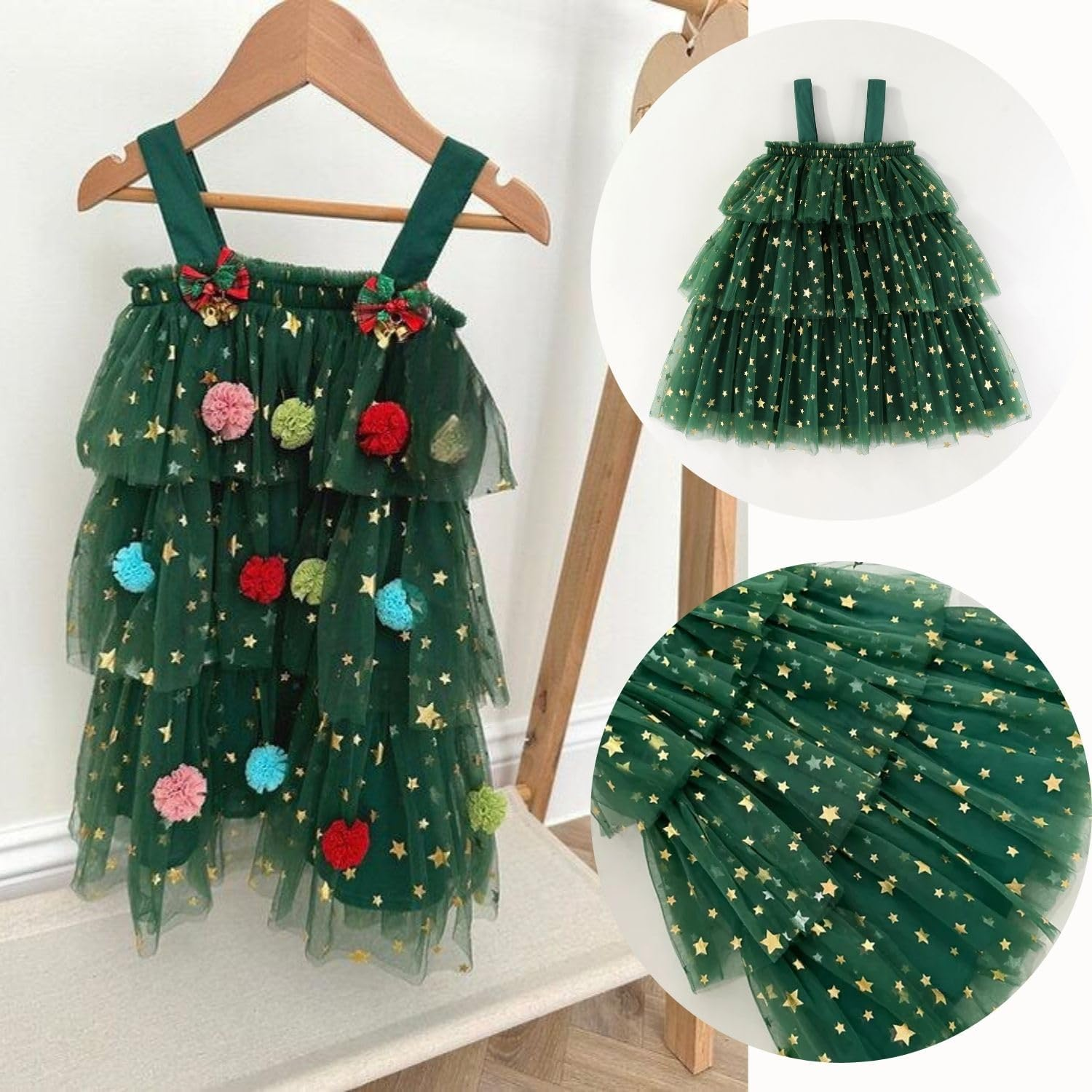 Noubeau Toddler Baby Girl Christmas Dress Star Sequin Layered Green Tutu Dresses Pompom Cake Smash Xmas Clothes