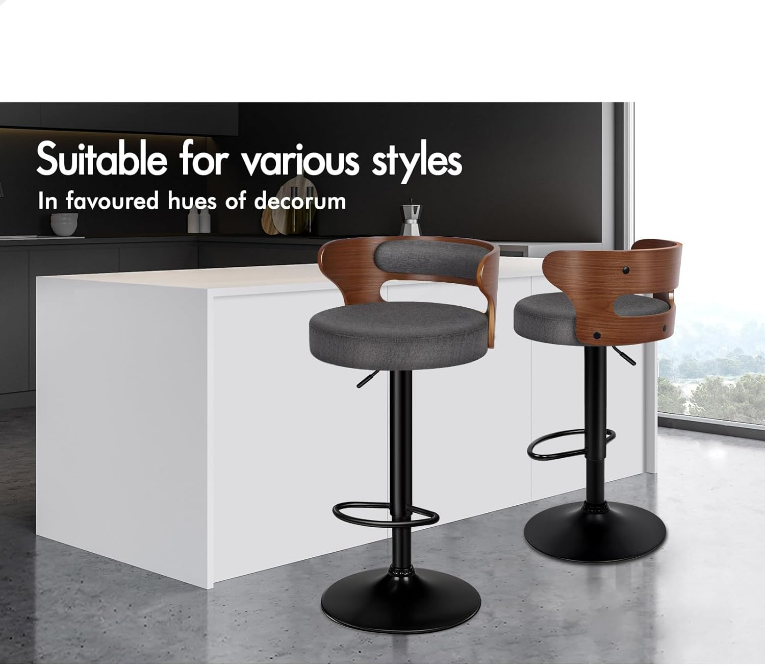 ALFORDSON Set of 4 Bar Stool Adjustable Kitchen Stool Swivel Counter Wooden Dining Chair in 61-82Cm Seat Height Gas Lift, White Bar Sets for Home Dining Room Cafe Shops Bars, Ramiro Fabric Grey